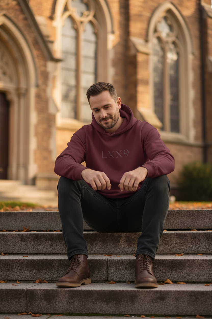 LXX9 Maroon Hoodie - Man on Church Steps