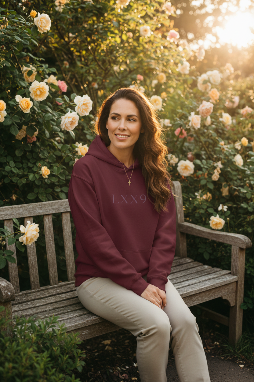 LXX9 Maroon Hoodie - Woman in Garden