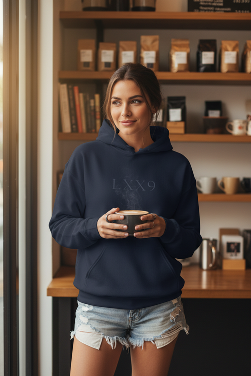 LXX9 Navy Hoodie Coffee Shop Woman