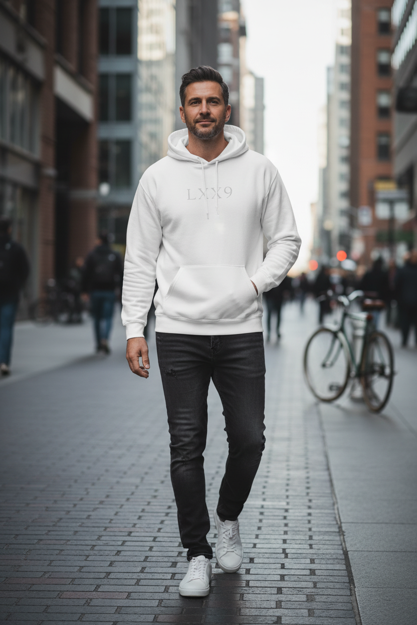 LXX9 White Hoodie - Man on City Street