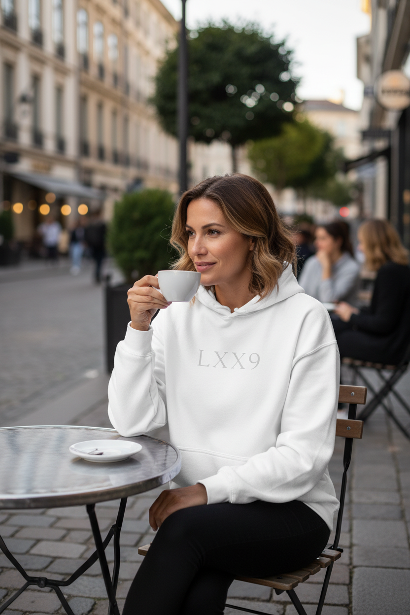 LXX9 White Hoodie - Woman at Coffee Shop